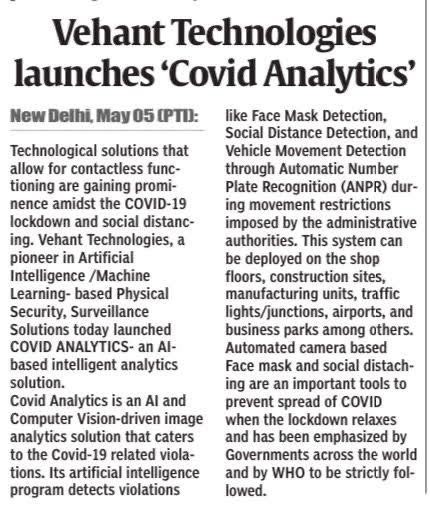 Vehant Technologies launches 'Covid Analytics', coverage in Central Chronicle